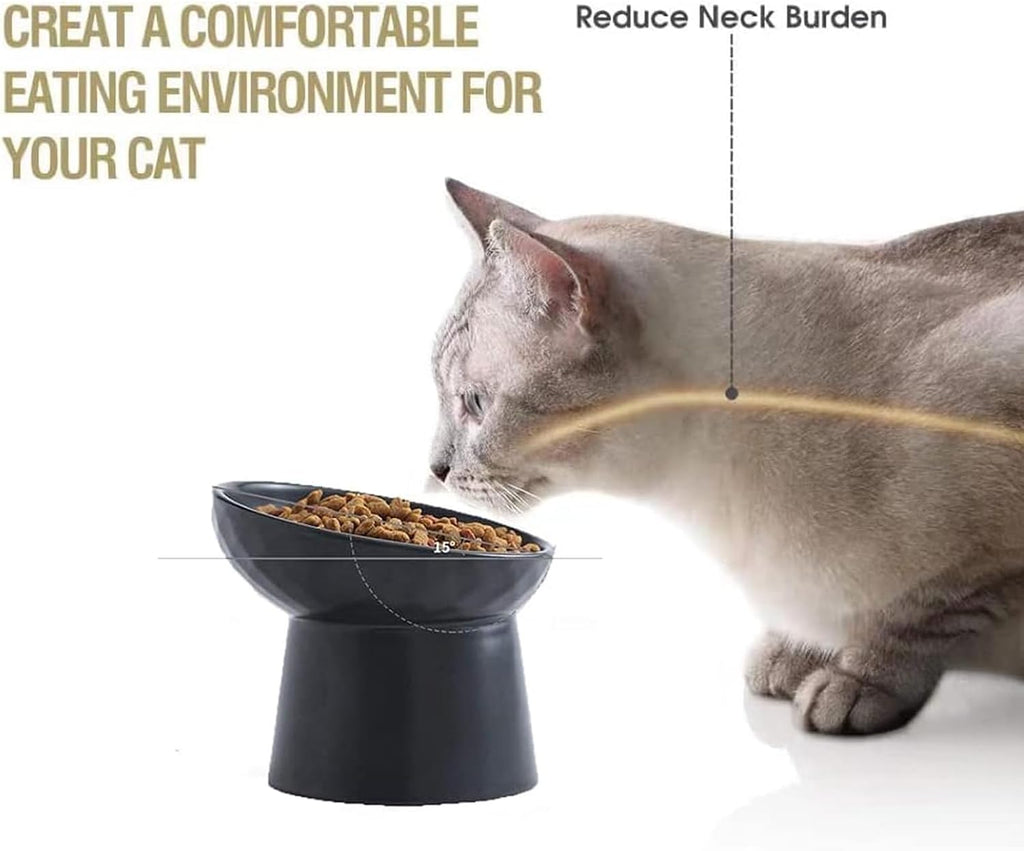 Elevated Cat Bowls, 15° Tilted Ceramic Raised Cat Food and Water Bowl Set, Whisker-Friendly Porcelain Pet Feeder Dishes for Indoor Cats and Small Dogs,Black,5.2 Inch,1 Pack 