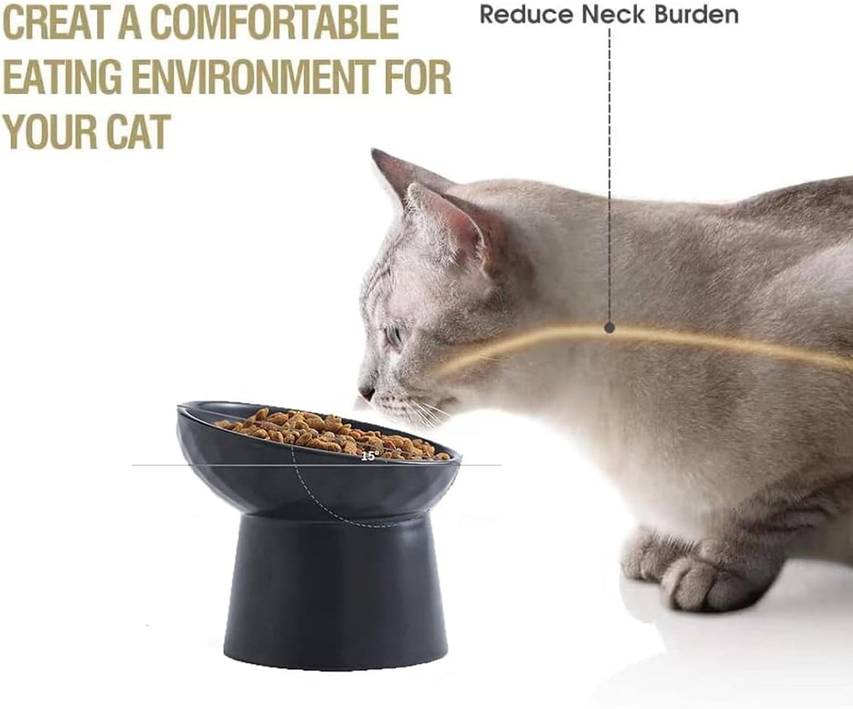 Elevated Cat Bowls, 15° Tilted Ceramic Raised Cat Food and Water Bowl Set, Whisker-Friendly Porcelain Pet Feeder Dishes for Indoor Cats and Small Dogs,Black,5.2 Inch,1 Pack 