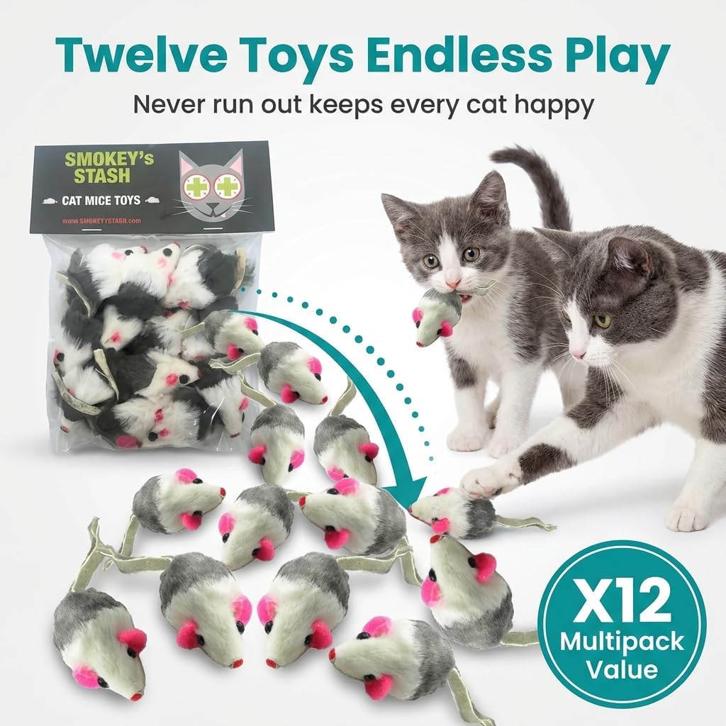 Smokey's Stash Gray and White Faux Fur Cat Mice Toy 12 Per Pack Multi Color Realistic Interactive Small Mouse with Rattle and Catnip Safe for Adult Cats and Kittens