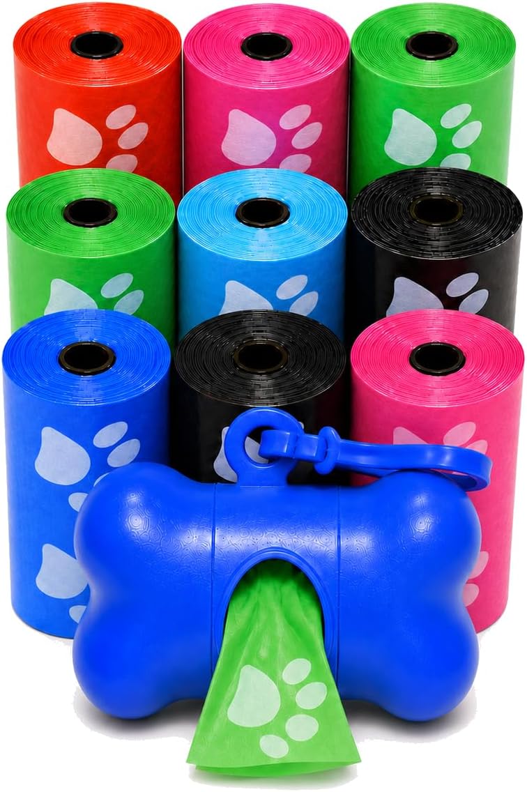 Downtown Pet Supply Poop Bags for Dogs with Dispenser, 180 Count - Leak-Proof Dog Waste Bags and Bone-Shaped Dog Poop Bags Holder for Leash - Rainbow with Paw Prints, 12.5" x 8.5"