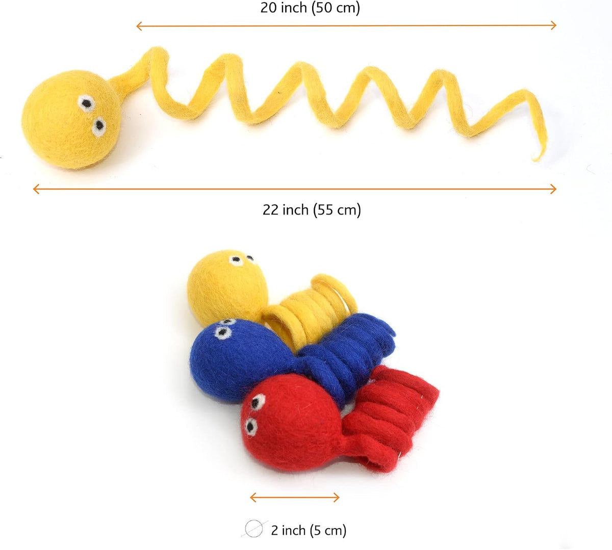 Glaciart One Wool Felt Spring Cat Toys, 3 Pack Handmade Stretchy Coil Springs for Indoor Cats & Kittens, Interactive Fuzzy Cat Toy, AZO-Free Dyes, 4 Inch