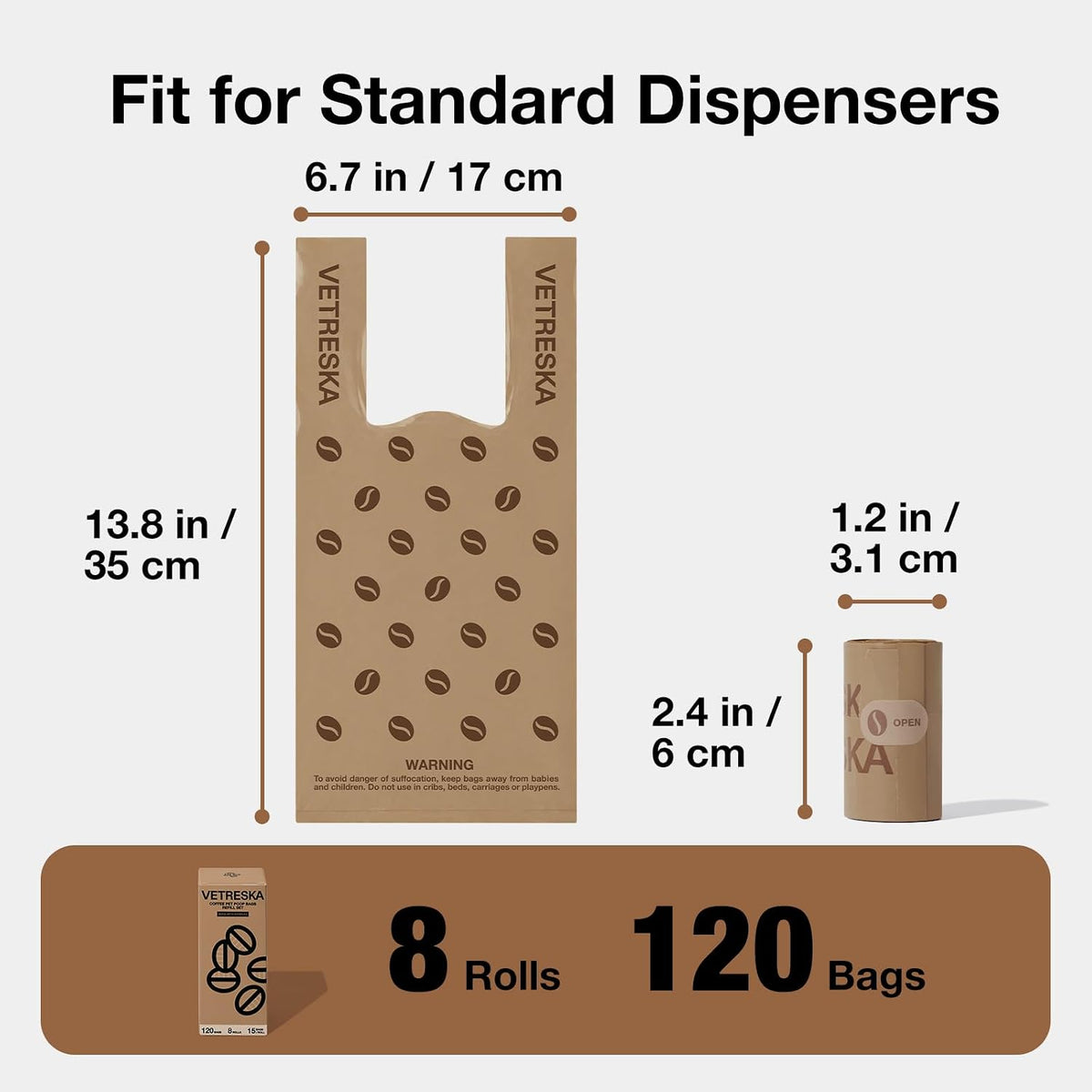 VETRESKA Dog Poop Bags with Handles 120 Count, Coffee Scented Waste Bags | Leak-Proof Thick Dog Bags for Poop, Easy-Tie Large Poop Bags, 8 Refill Rolls for Dog Walking Cat Litter
