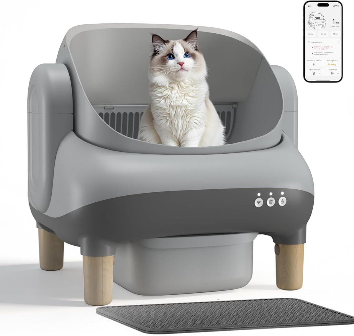 GTPLAYER Smart Cat Litter Box, Open-Top Self Cleaning Cat Litter Box with App Control, Safety Sensors, Large Capacity Waste Bin, Easy Maintenance, Automatic Litter Box for Multi-Cat Homes, Gray
