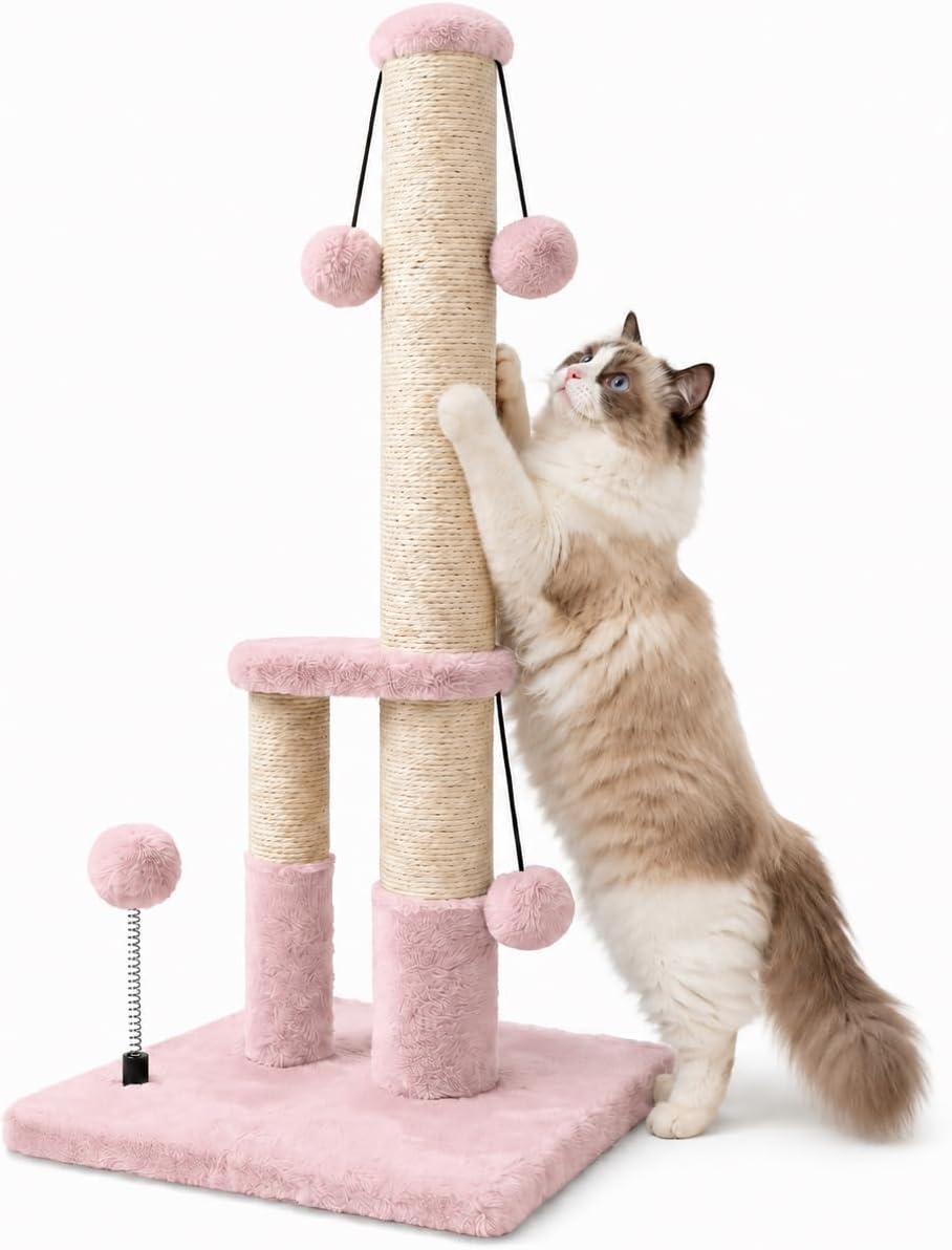 Dimaka Tall Cat Scratching Post, Double Lower Posts Extra Stable Cat Post Tree Scratcher with Sisal Rope and Teasing 4 Balls Total Large Base (Pink)
