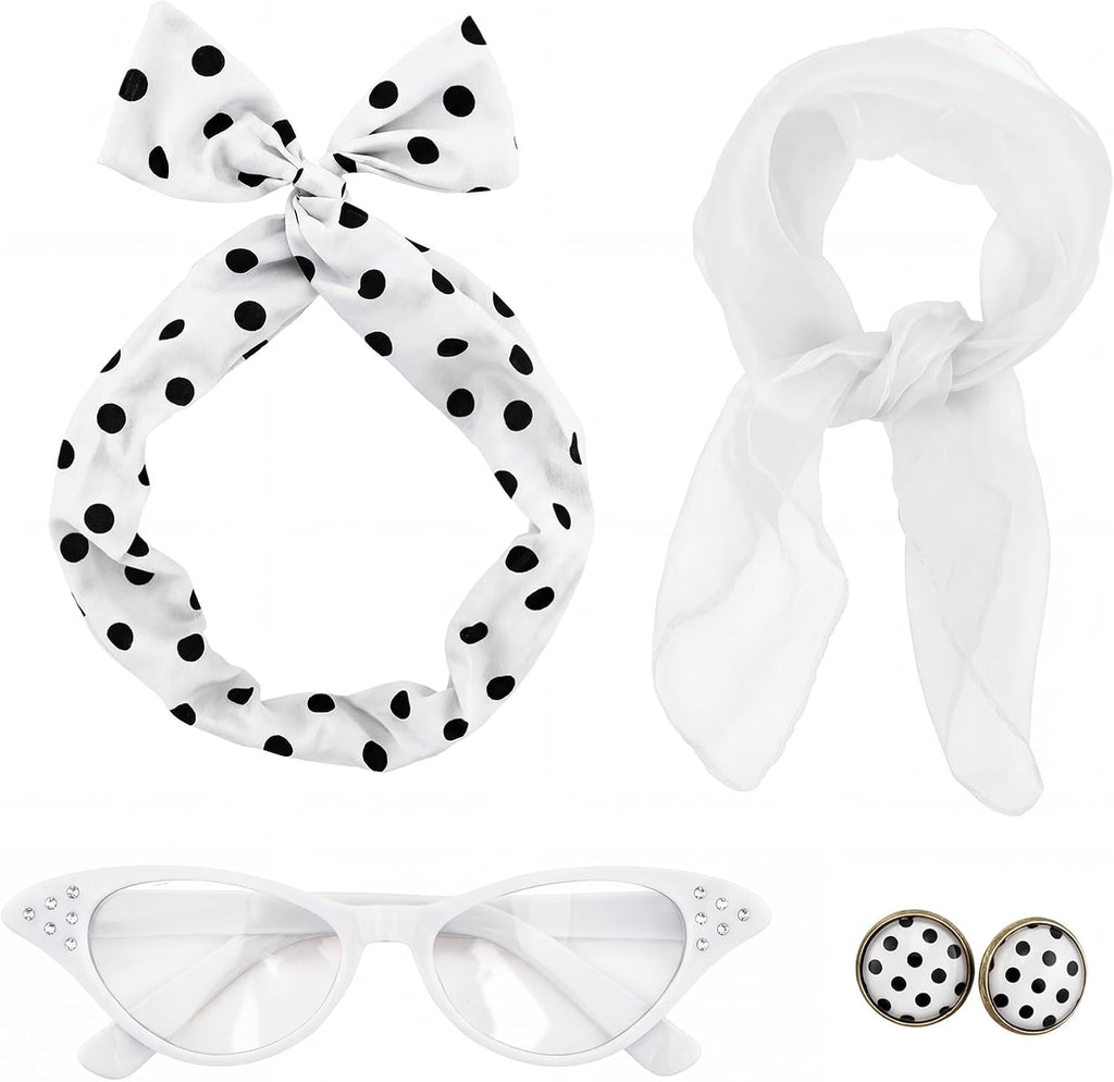50s Set 50's Costume Accessories Chiffon Scarf Cat Eye Glasses Bandana Tie Headband Earrings for Cosplay Party