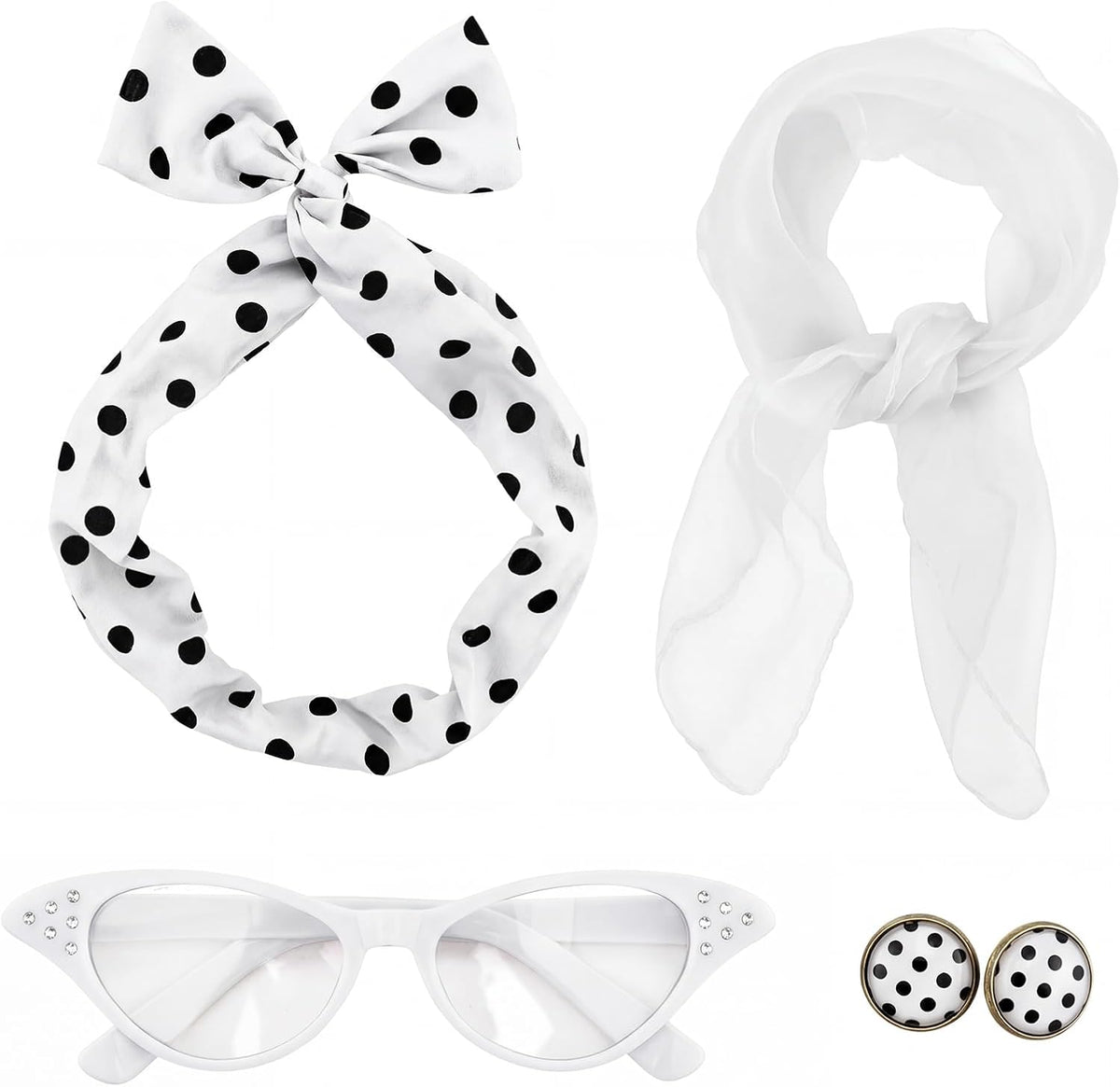 50s Set 50's Costume Accessories Chiffon Scarf Cat Eye Glasses Bandana Tie Headband Earrings for Cosplay Party