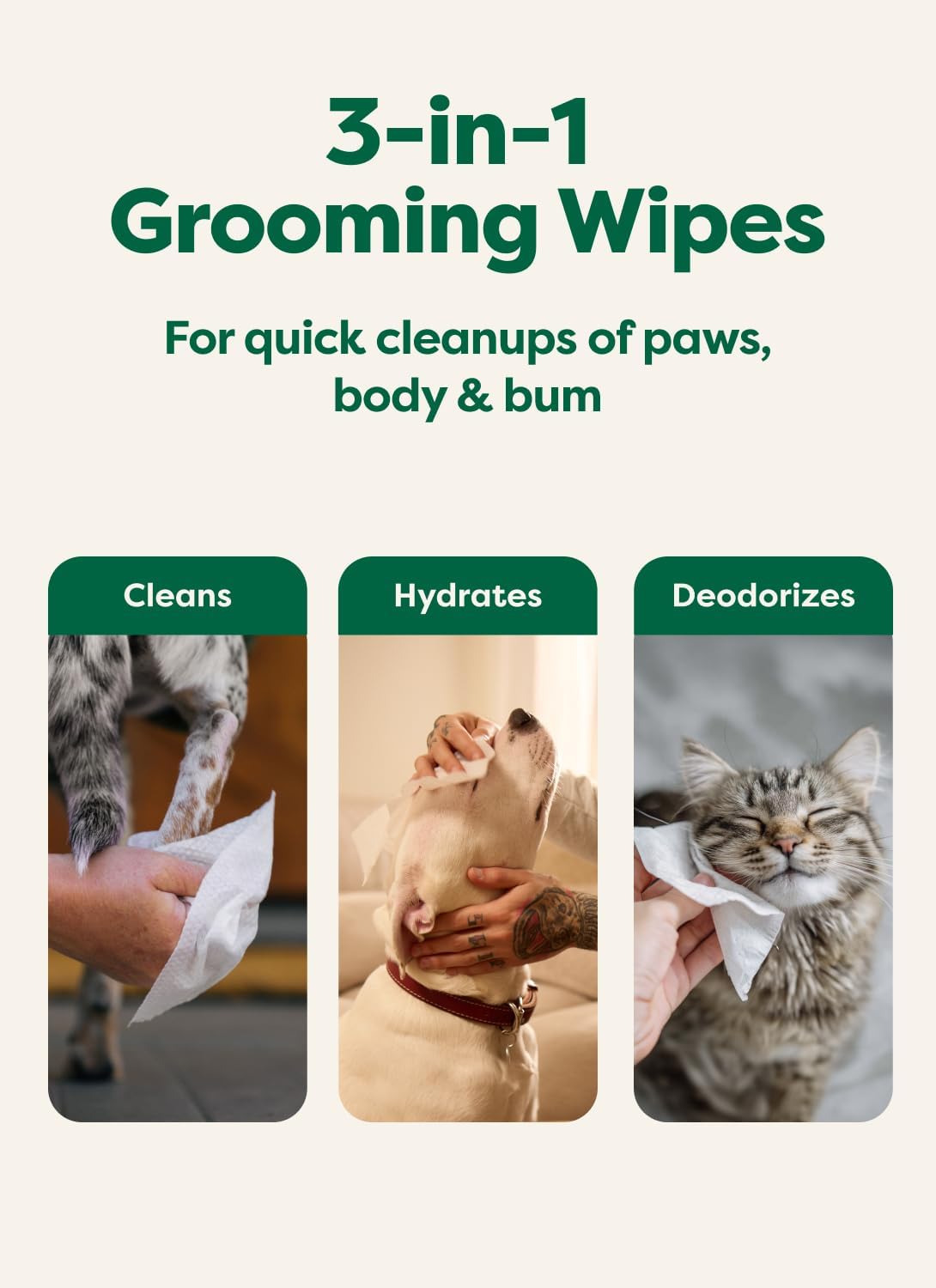 Earth Rated Dog Wipes for Paws & Butt, Deodorizing, Unscented, 100ct | Hypoallergenic, 3-in-1 Cleaning and Hydrating, for Grooming Paws, Body and Butt 