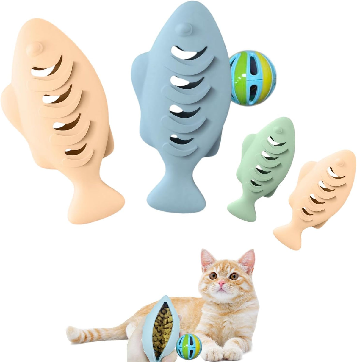 2Packs Silicone Fish Cat Toy with A Bell Ball, Interactive Treat Dispenser and Teething Chewer for Indoor Kittens, Durable Food Puzzle Promotes Mental Stimulation, Reduces Boredom