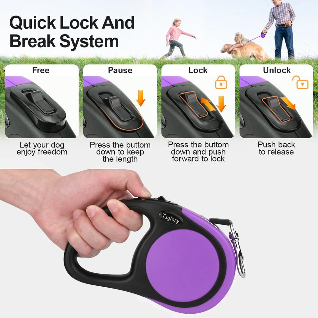 Taglory Retractable Dog Leash, One-Handed Brake, 16ft, Up to 44 lbs, Purple