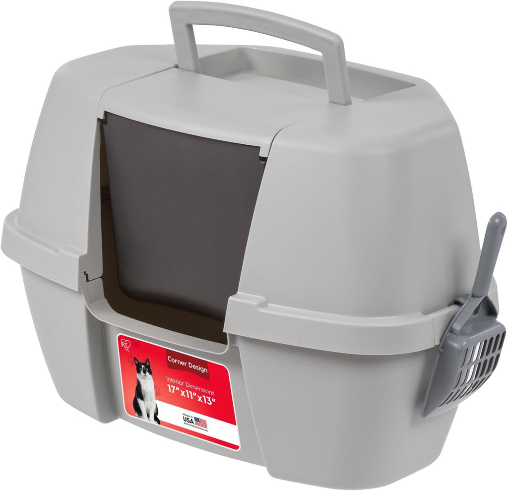 IRIS USA Large Corner Cat Litter Box, Space Saver, Gray | Discreet Locations, Compact Triangle Shape, 90-Degree Design, Triangular Footprint, Odor Defensive, Hidden Placement