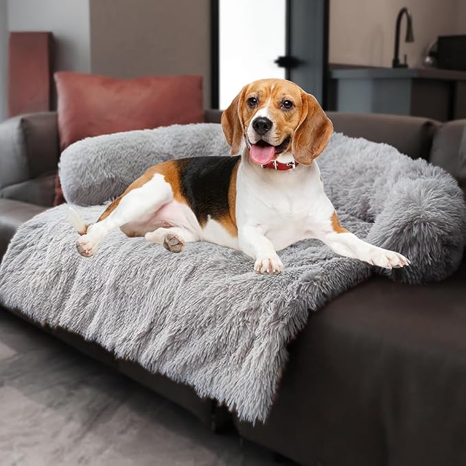 Calming Dogs/Cats Bed Mats, Dog Pad Washable Removable Couch Cover, Plush Long Fur Mat for Pets, Waterproof, Perfect for Small, Medium and Large Dogs and Cats (Light Gray, 41"x37"x 6.0")