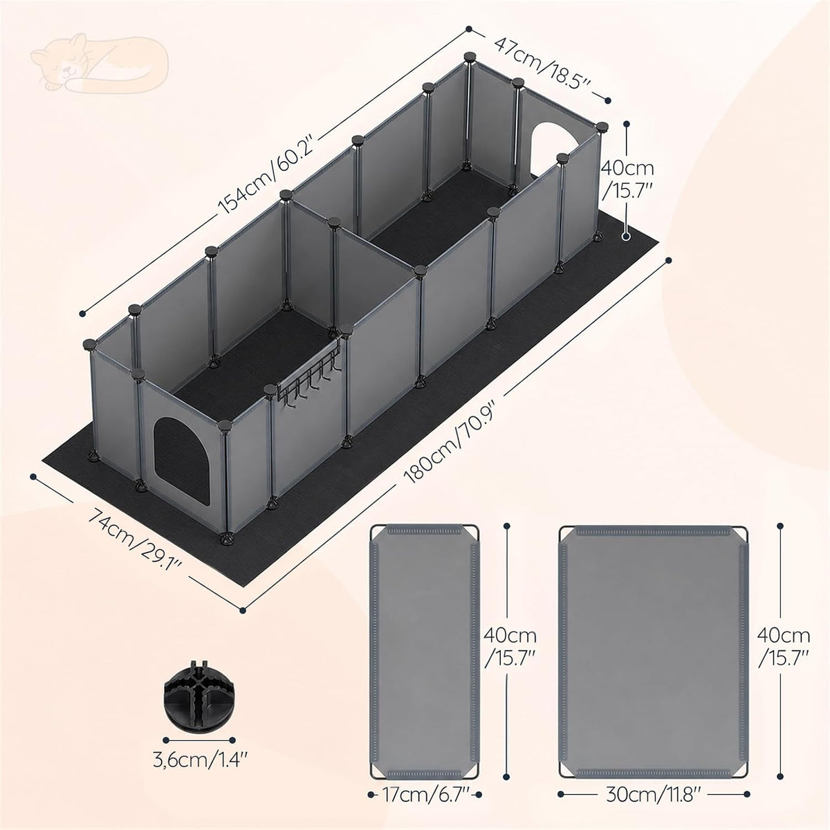 HOOBRO 2 Pack Cat Litter Box Enclosure Splash Guard with Large Oxford Mat, Plastics High-Edge Litter Guard with Drain Hooks, DIY Assembly, 70.9" L x 29.1" W x 15.7" H, Easy to Clean, Grey GY08PP03