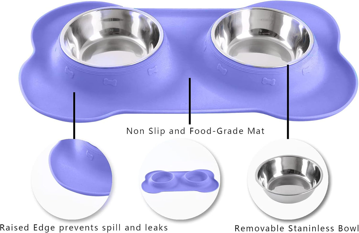 Hubulk Pet Dog Bowls 2 Stainless Steel Dog Bowl with No Spill Non-Skid Silicone Mat + Pet Food Scoop Water and Food Feeder Bowls for Feeding Small Medium Large Dogs Cats Puppies (Medium, Purple) 