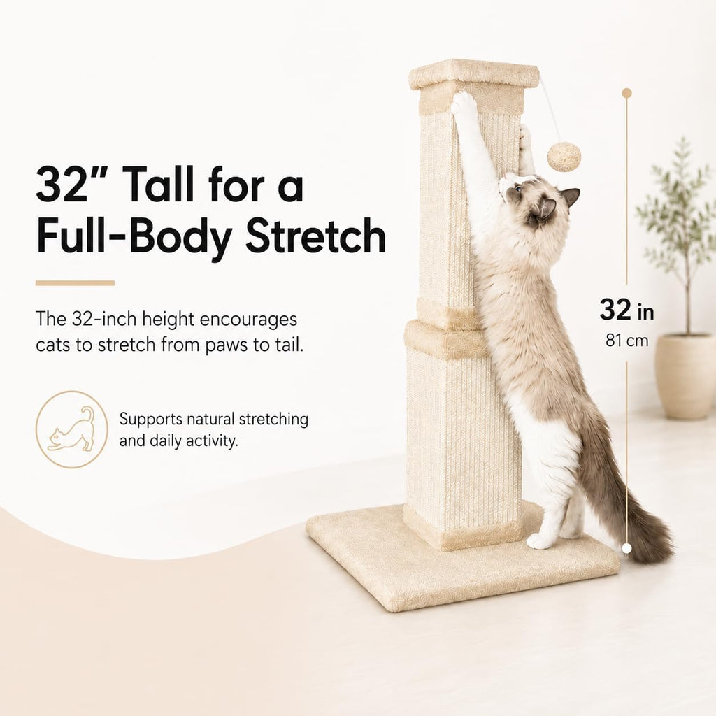 Cat Scratching Post for Indoor Cats, 32Inch Sisal Cat Scratcher, Beige