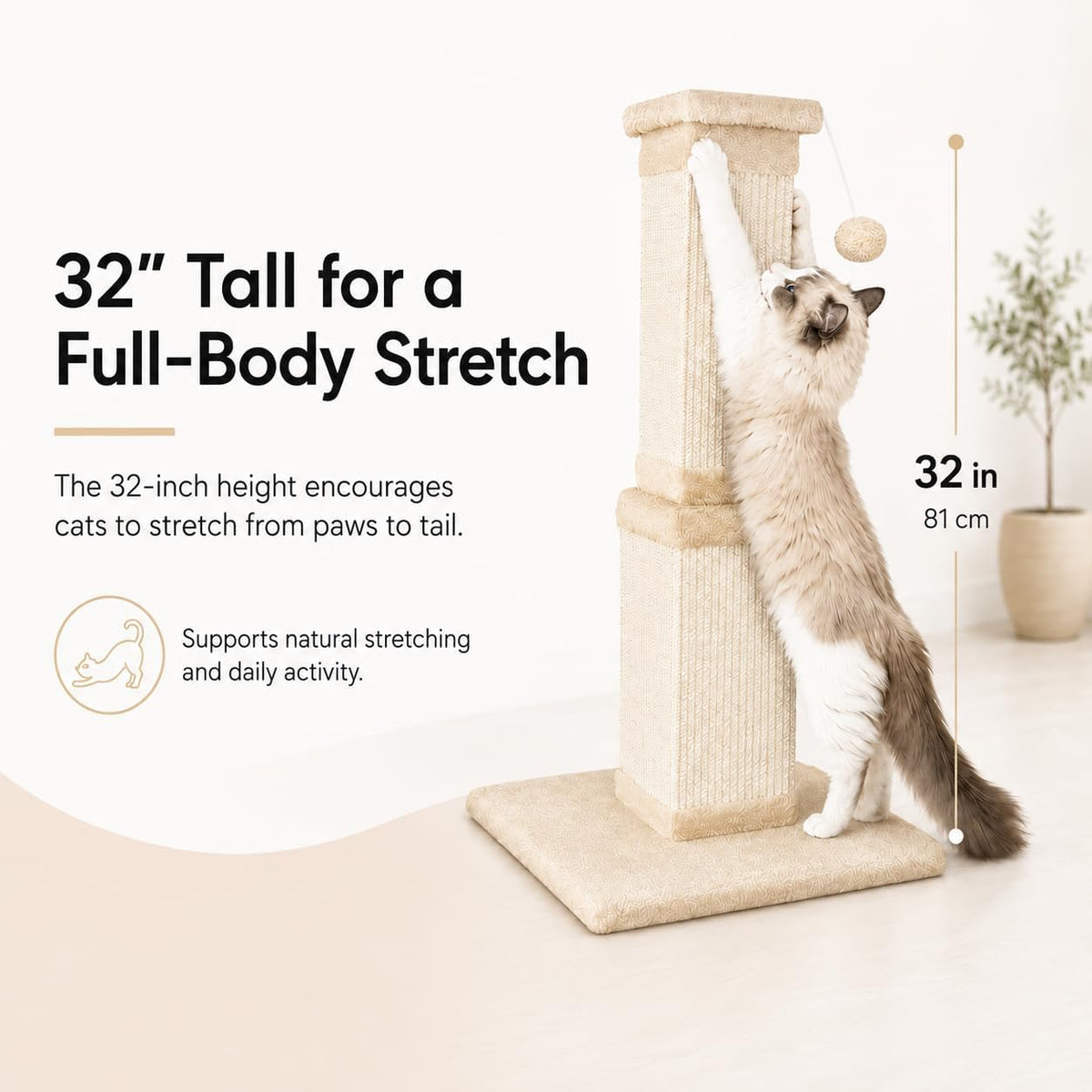 Cat Scratching Post for Indoor Cats, 32Inch Sisal Cat Scratcher, Beige