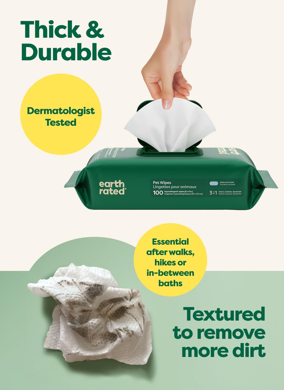Earth Rated Dog Wipes for Paws & Butt, Deodorizing, White Tea & Basil 400ct | Hypoallergenic, 3-in-1 Cleaning and Hydrating, for Grooming Paws, Body and Butt