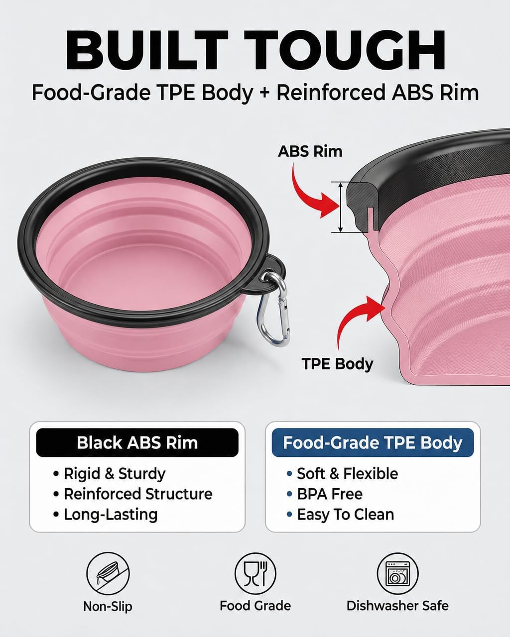 Collapsible Dog Bowls for Travel, 2-Pack Dog Portable Water Bowl for Dogs Cats Pet Foldable Feeding Watering Dish for Traveling Camping with Carabiners, BPA Free (Purple&Pink, Large) | Wear-Resistant TPE, Anti-Dust Foldable Travel Dog & Cat Bowls for C...