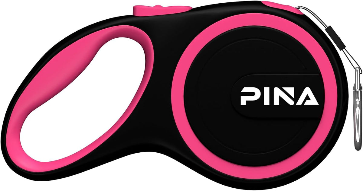 PINA Retractable Dog Leash, 10ft Dog Leash for Small Dogs Up to 33lbs, 360° Tangle-Free Strong Reflective Nylon Tape, with Anti-Slip Handle, One-Handed Brake, Lock - Black Pink
