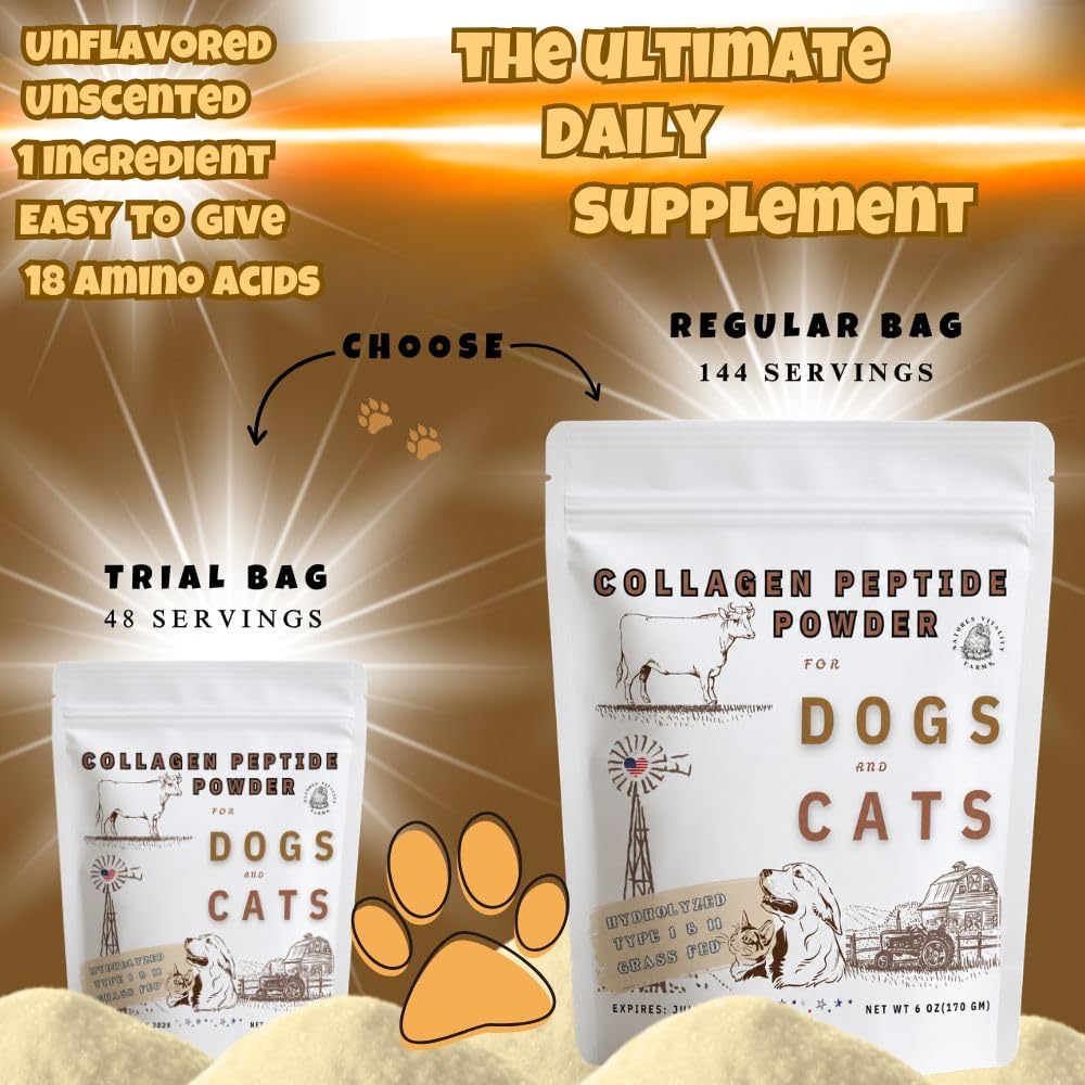 Collagen Peptide Powder for Dogs and Cats, Hydrolyzed, Grass Fed Beef, Pasture Raised Bovine, Hip and Joint Relief, Skin, Gut, and Bone Health Supplement.