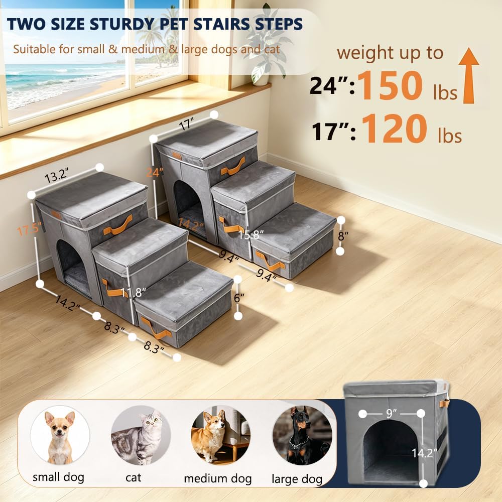 24" Dog Stairs for High Beds, 150 Lbs Capacity