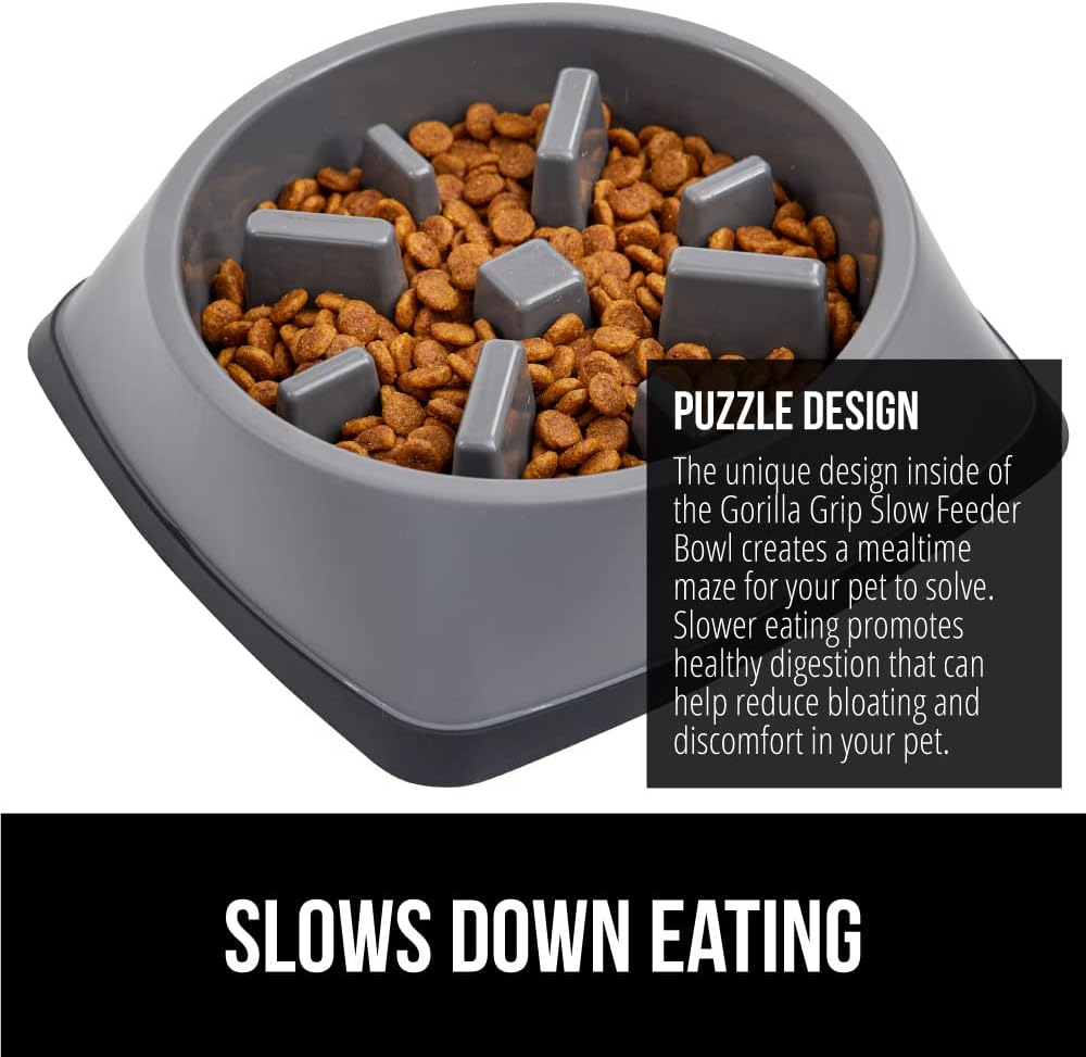 GORILLA GRIP® Patented Slow Feeder Dog and Cat Bowl, BPA Free, 2 Cup Gray