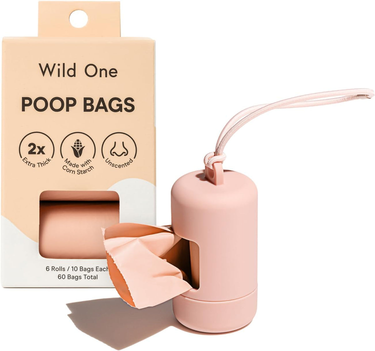 Wild One Dog Poop Bag Holder and Dispenser with Leash Attachment, Leak Proof, Easy Twist Top for Refills, Includes 1 Box Of Bags, Blush