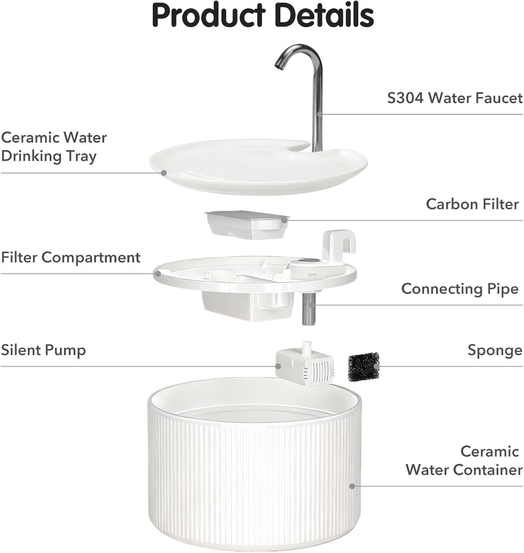 Upgrade 2.2L/78oz Ceramic Cat Fountain, Automatic Ceramic Water Fountain for Cats, Pet Water Fountain with Ultra-Quiet Pump (White)