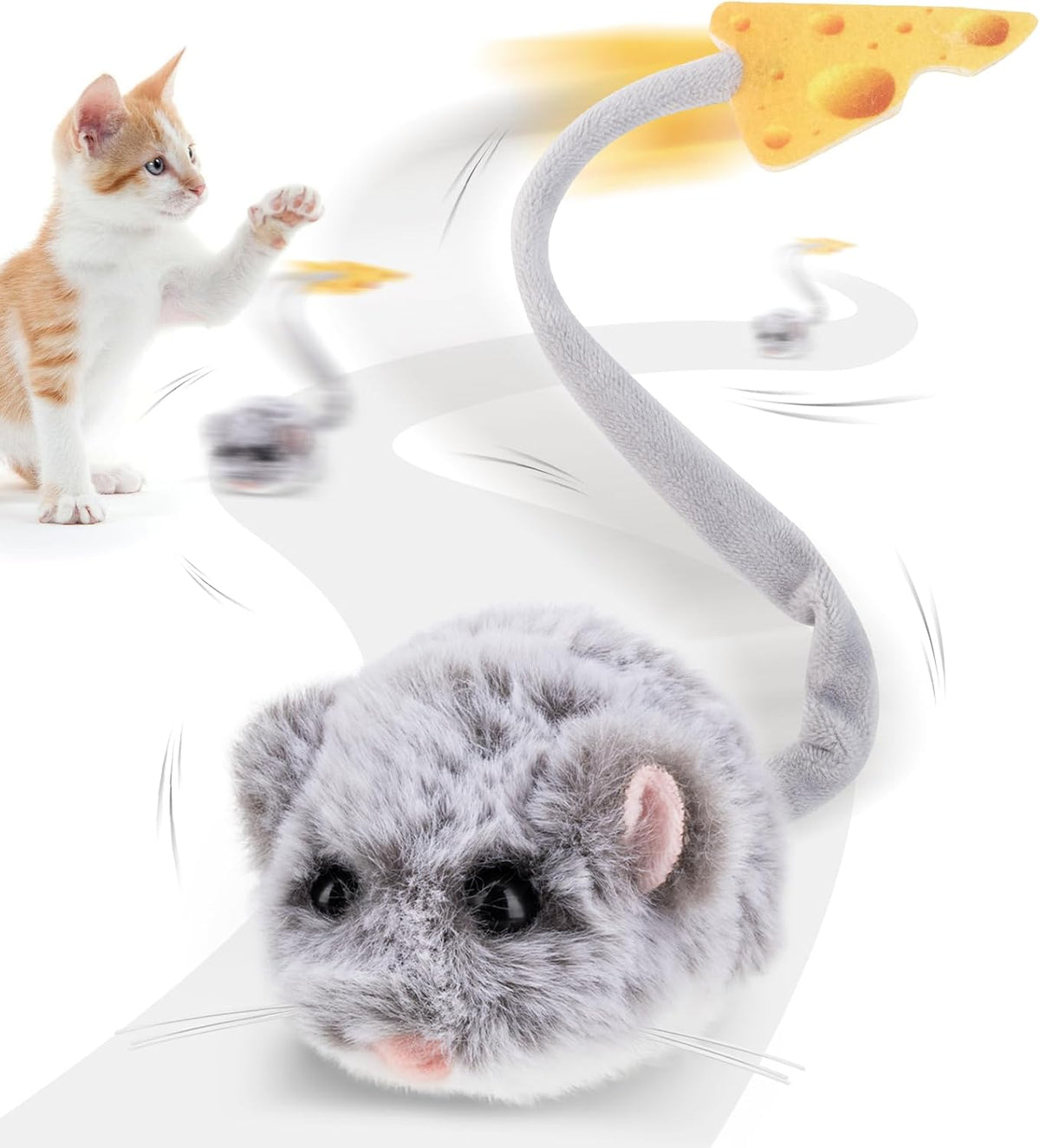 Migipaws Interactive MigiMouse Cat Toy 360° Rolling & Spin with Wiggling Tail for Indoor Cats Smart Motion Sensor, Realistic Squeak, Rechargeable Plush Kitten Toy(Grey Long)
