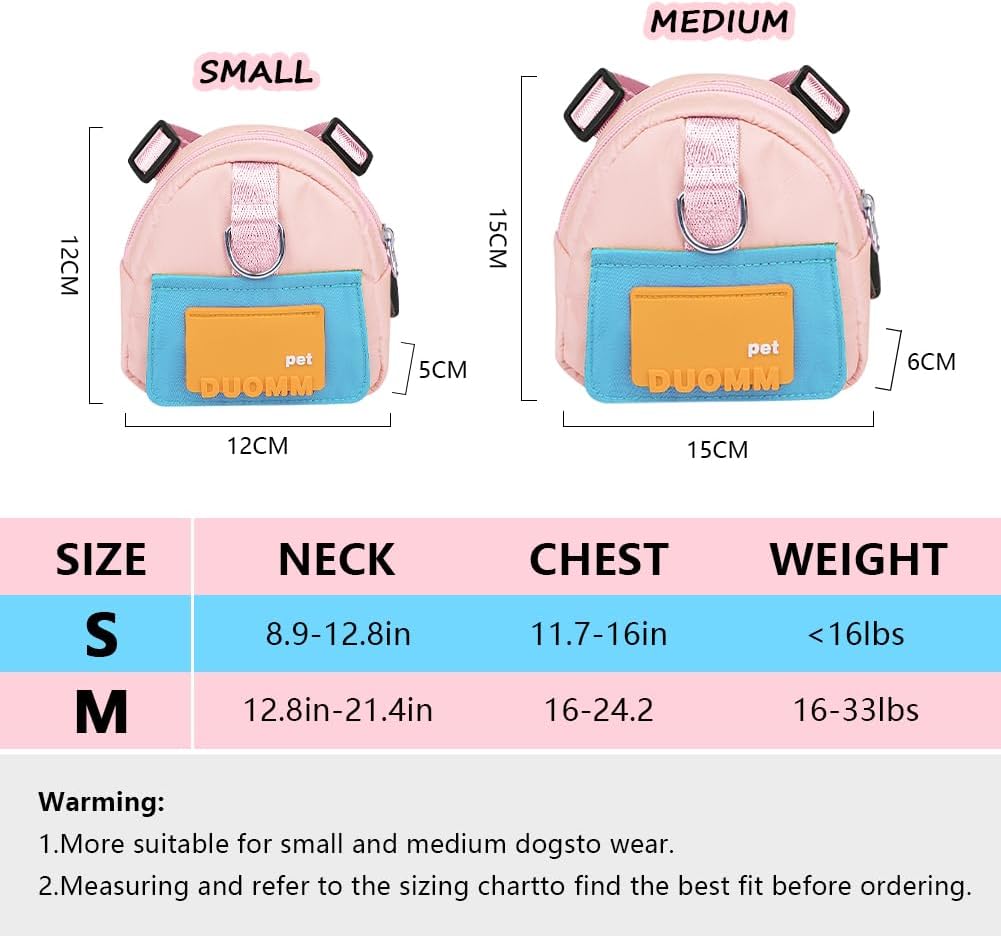 Dog Backpack for Small Dogs to Wear,Cute Pet Puppy Harness Backpacks with Leash Adjustable Dog Self Carrier Bag for Travel Hiking Daily Walking (S, Pink)