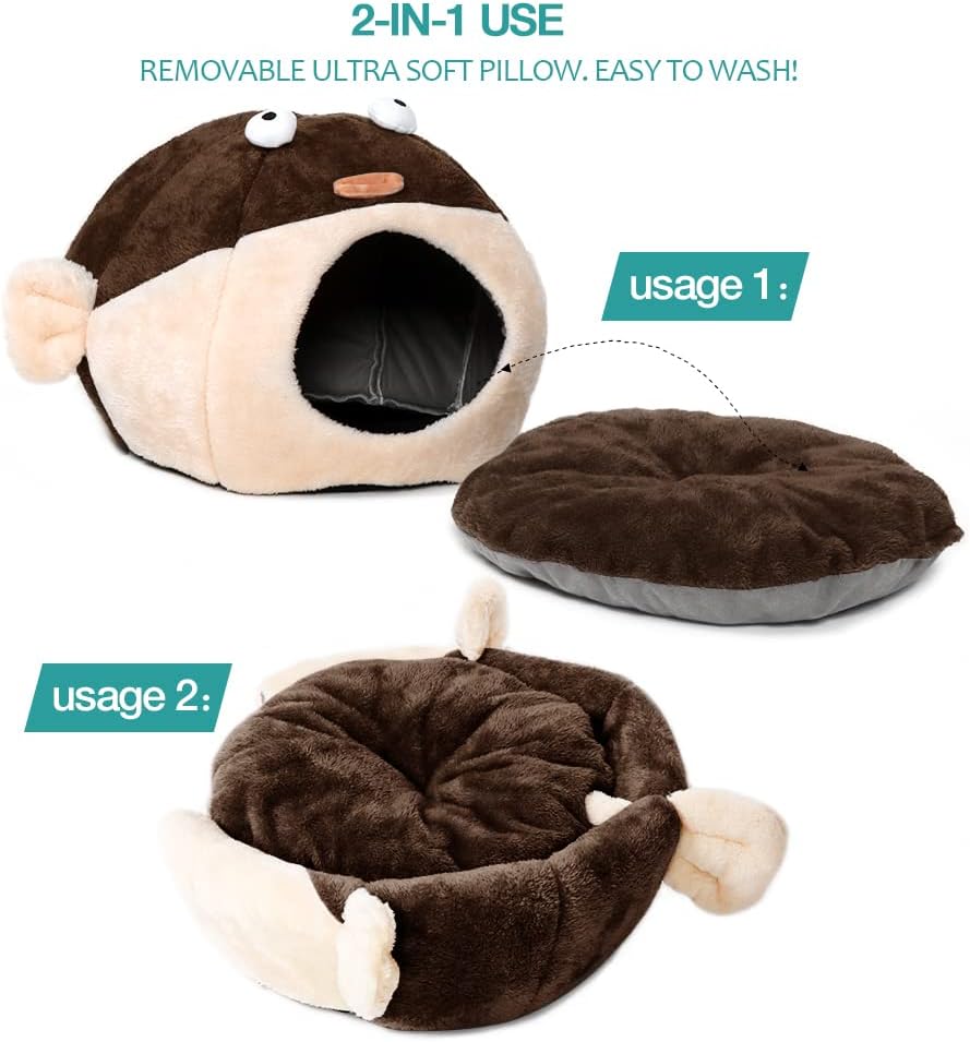 Cat Beds for Indoor Cats-Cat Bed Cave,Cute Lively Pufferfish Shape,Brown L