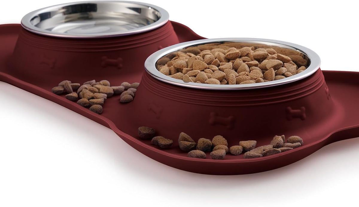 Hubulk Pet Dog Bowls 2 Stainless Steel Dog Bowl with No Spill Non-Skid Silicone Mat + Pet Food Scoop Water and Food Feeder Bowls for Feeding Small Medium Large Dogs Cats Puppies (X- Large, Burgundy) 