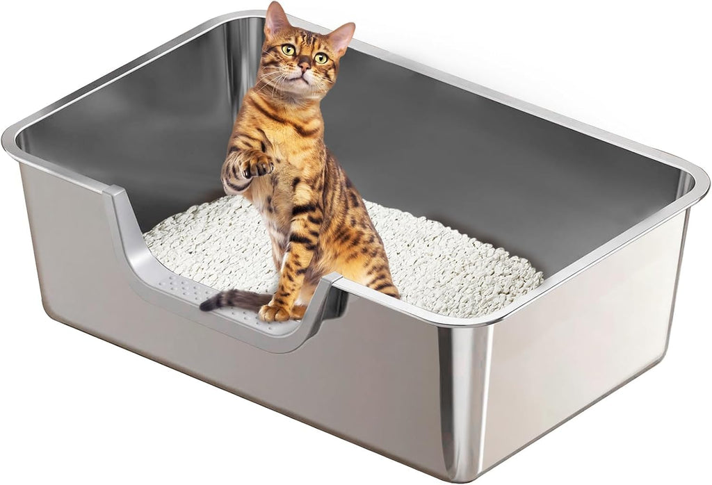 Stainless Steel Cat Litter Box, Steel Litter Pan with Curved Low Entry, Leak Proof 6 Inch High Side for Urine, Easy Entry for Kittens Older Cats, No Slip, 17.7" x 13.8" x 6", Silver