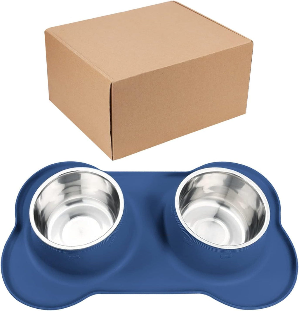 AsFrost Dog Food Bowls Stainless Steel Dog Bowls, Food Water Bowl Set with No Spill Non-Skid Silicone Mat, Dog Dish Double Pet Feeder Bowls for Small Medium Sized Large Dogs Cats Puppy, Blue