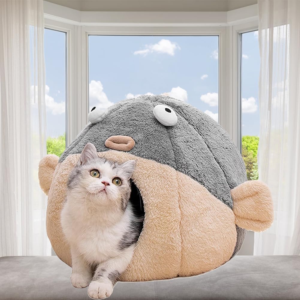 Cat Beds for Indoor Cats-19.7''Cute Pufferfish Larger Cat Cave Bed,Grey XL