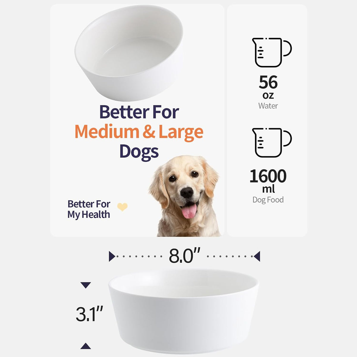 White Dog Bowl Ceramic for Medium Large Breed, Heavy Weighted Dog Food Water Dish, 8 in Non - Slip Modern Cute Extra Big Porcelain Pet Bowl Maze Wide Mouth