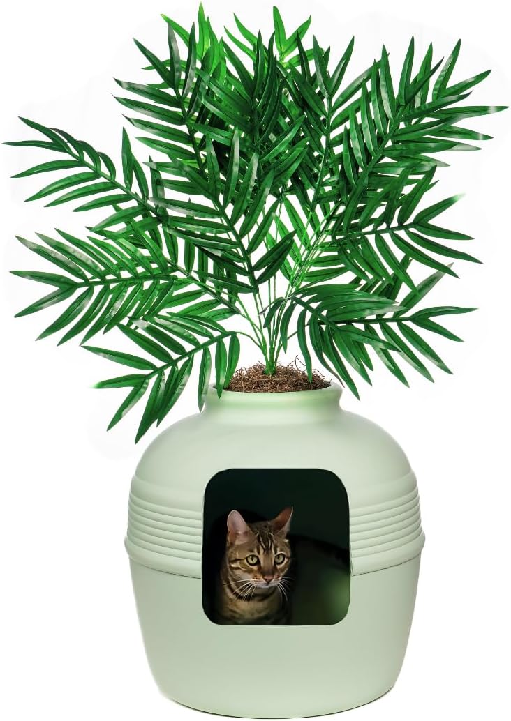 Good Pet Stuff Original Hidden Litter Box Planter, Decorative Cat Litter Enclosure, Carbon Filter, Faux Plant, Round Design, Easy to Clean, Base Kit, Palm Plant, Mint Green