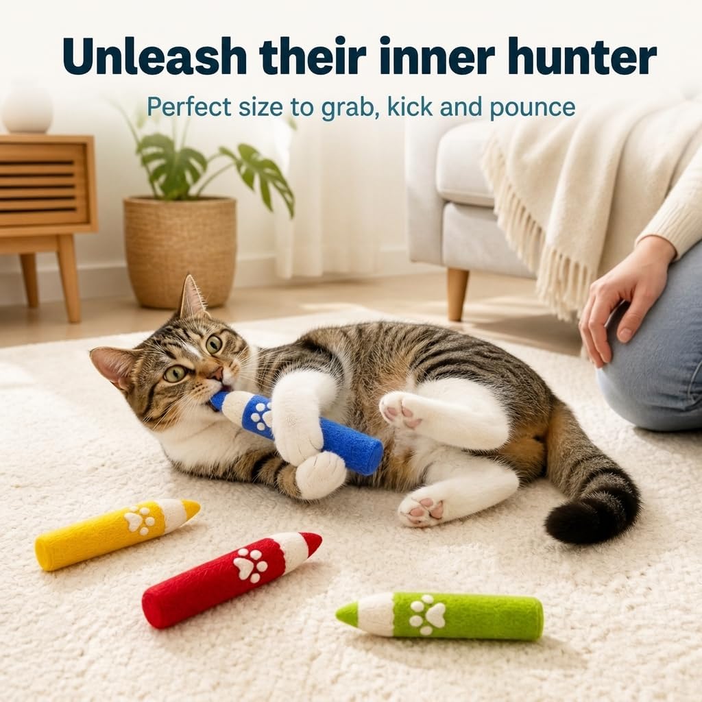Glaciart One Catnip Crayons for Cats, 4 Pack Handmade Wool Felt Cat Toys with Catnip for Kittens & Indoor Cats