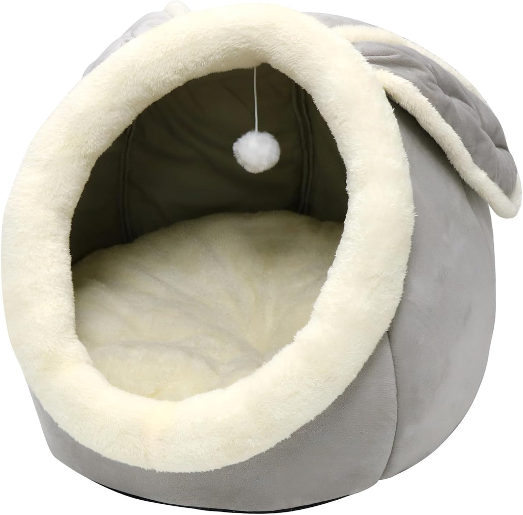 Cat Beds for Indoor Cats-Rabbit-Shaped Cat Cave Bed with Hanging Toy,Grey L
