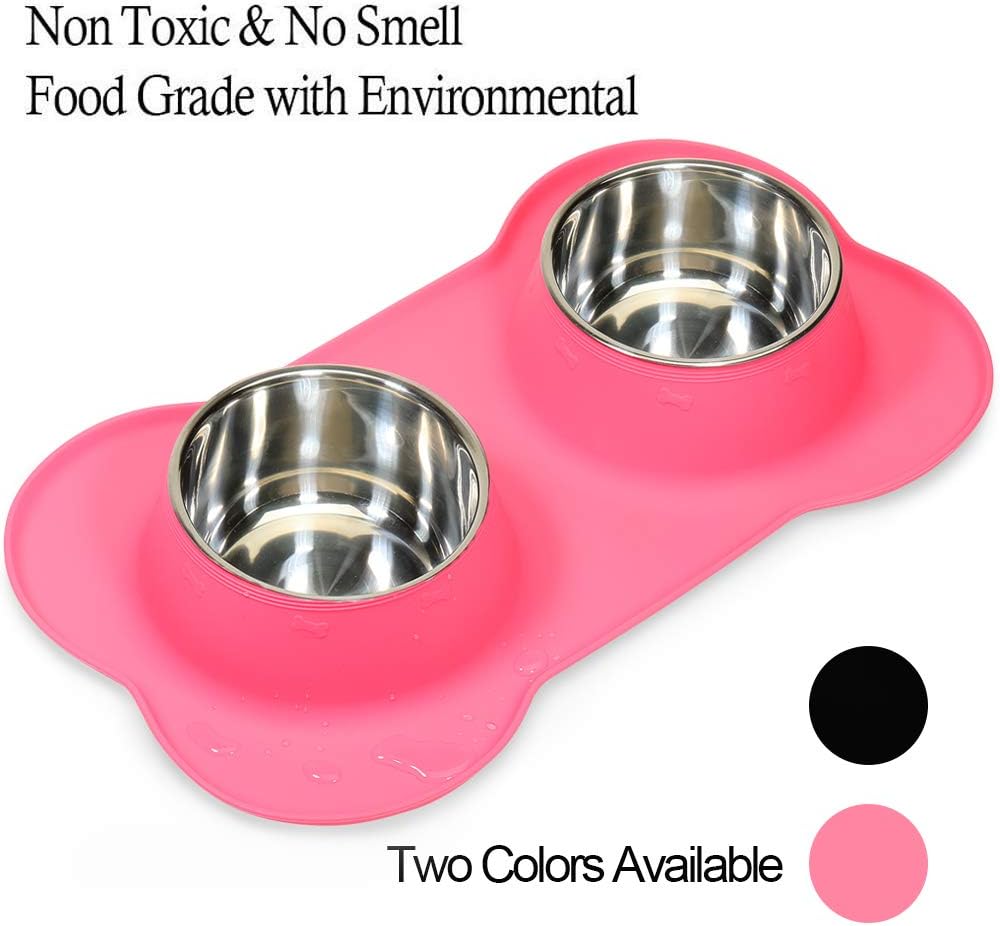 AsFrost Dog Food Bowls Stainless Steel Pet Food Bowls & Dog Water Bowls, Dog Bowls Silicone Mat No Spill Non-Skid Feeding Bowls for Small Size Dog Puppy Cat Food Dish, Pink, 3 Cup/24oz, Set of 2 Bowls 