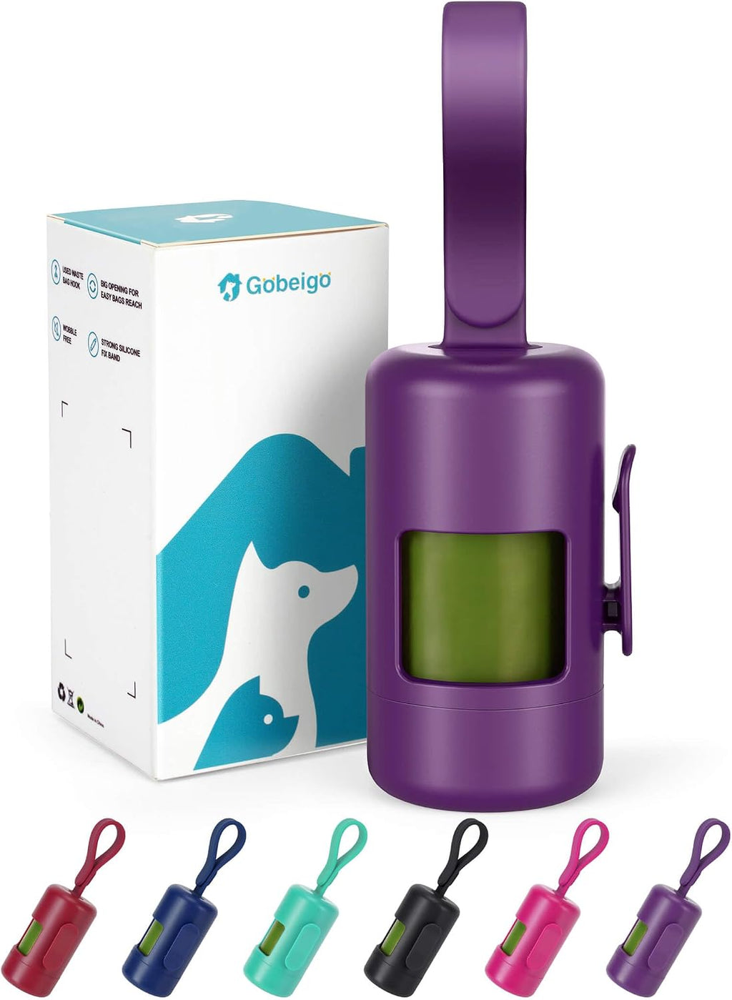 Gobeigo Dog Poop Bag Holder with Convenient Hook for Waste Bags(Purple) | Silicone Strap Fits Any Leash, Large Opening for Easy Dispensing with 1 Bonus Roll of Waste Bags