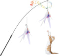 Pawaboo Cat Feather Wand Interactive Toy, 2 Feathers + 1 Wand with Bell | Cat Feather Teaser Toys Flying Catcher Extra Long 34.5" Wand Exerciser Playing Chase Cat Toy Wands for Kitten, Purple