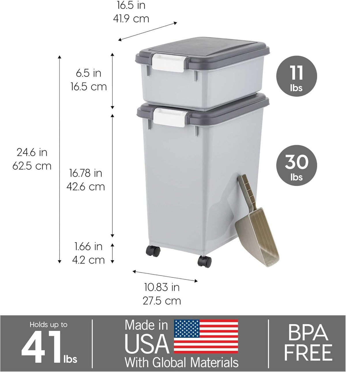 IRIS USA Dog Food Storage Container, Up to 30+11 lbs, Gray/Dark Gray