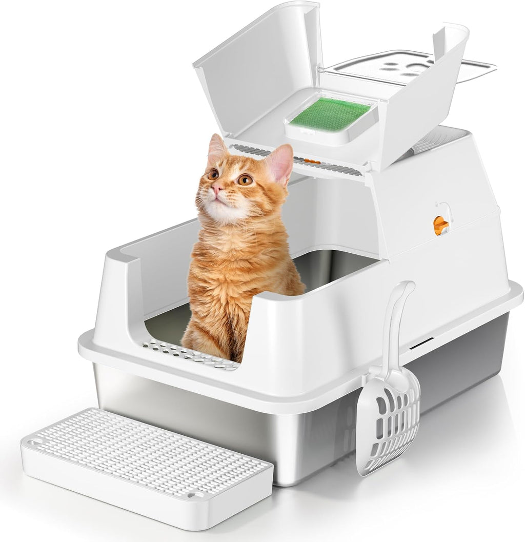 Stainless Steel Cat Litter Box with Lid, Flip-Top XL Large, White
