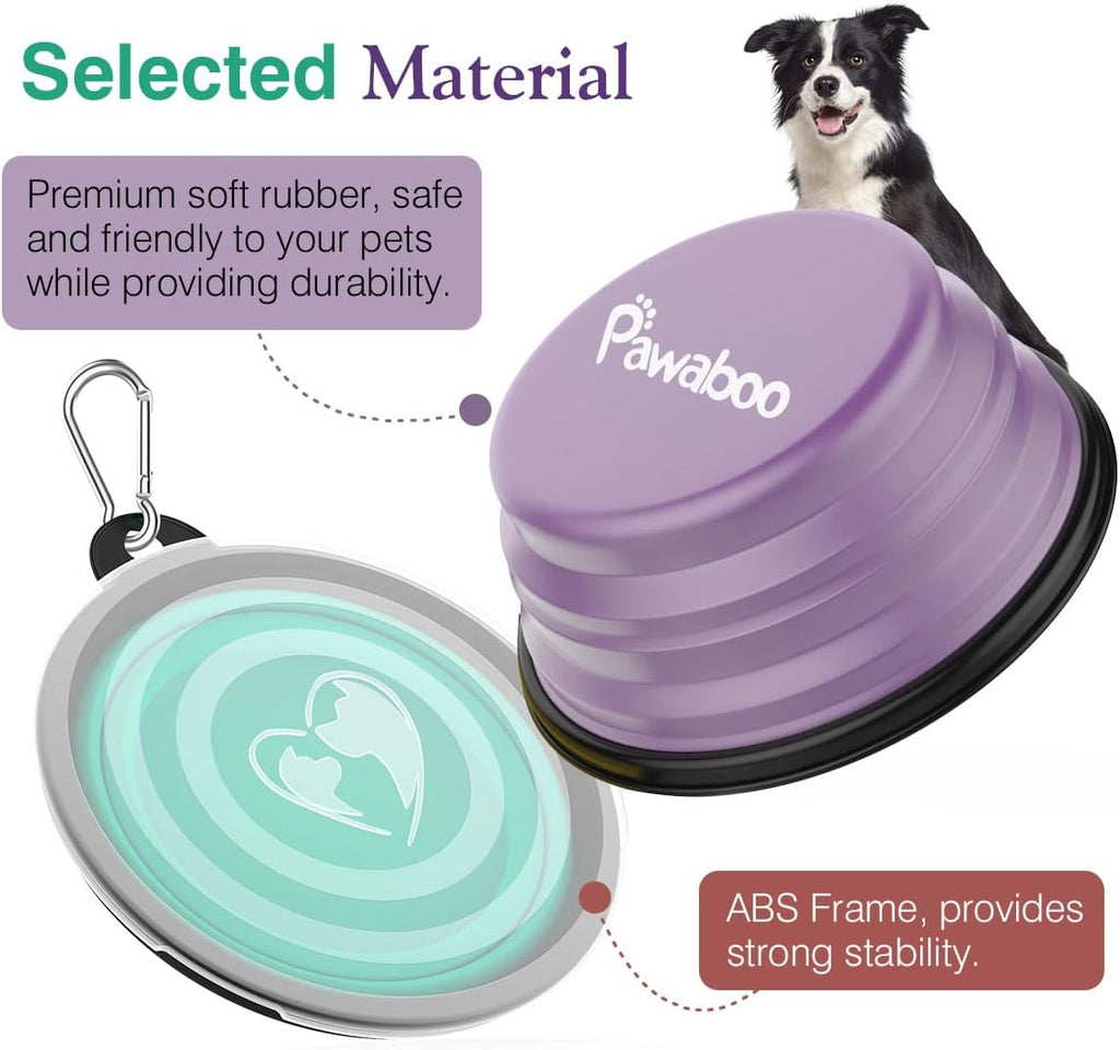 Pawaboo Collapsible Travel Dog Bowls 2 Pack with Lids&Carabiners Silicone | Feeding Watering Bowls for Dogs Cats, Collapsable Water Feeder Food Bowl for Walking Traveling Home Use, VioletTurquoise 
