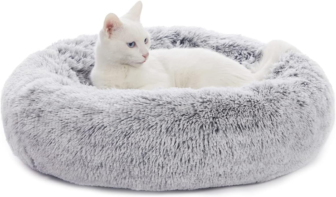Bedfolks Calming Fluffy Donut Dog Bed for Small Dogs,Dark Grey, 23" Round