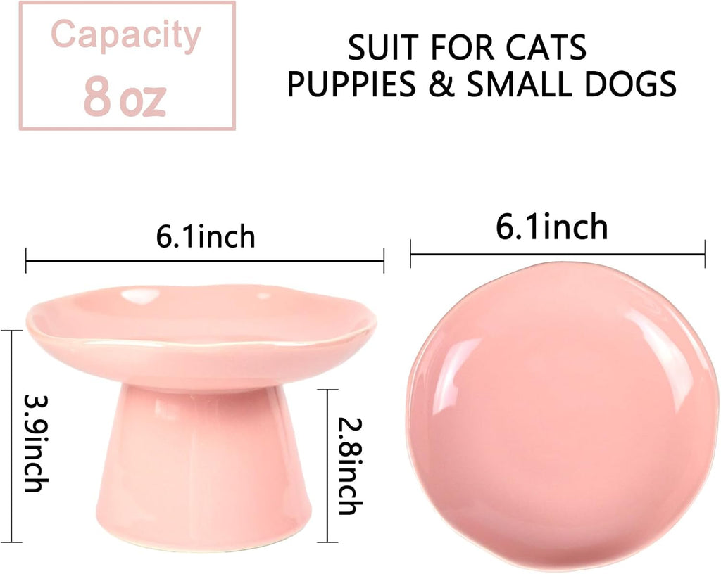 Extra Wide 6.1" Raised Cat Food Bowl, Shallow Ceramic Elevated Cat Feeder, Anti Vomiting, Stress Free, Whisker Fatigue, Pet Food or Water Bowl, Pink