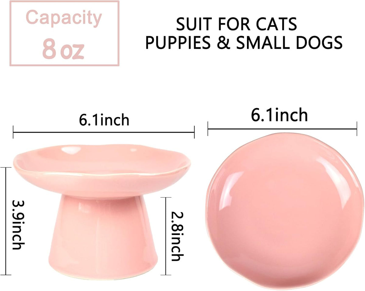 Extra Wide 6.1" Raised Cat Food Bowl, Shallow Ceramic Elevated Cat Feeder, Anti Vomiting, Stress Free, Whisker Fatigue, Pet Food or Water Bowl, Pink