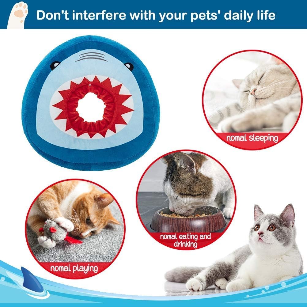 EXPAWLORER Cat Cone Collar Soft, Cat Recovery E Collar After Surgery to Stop Licking, Adjustable Waterproof Neck Elizabethan Pet Kitten Puppy Donut Pillow for Cats Wound Healing, Blue Shark