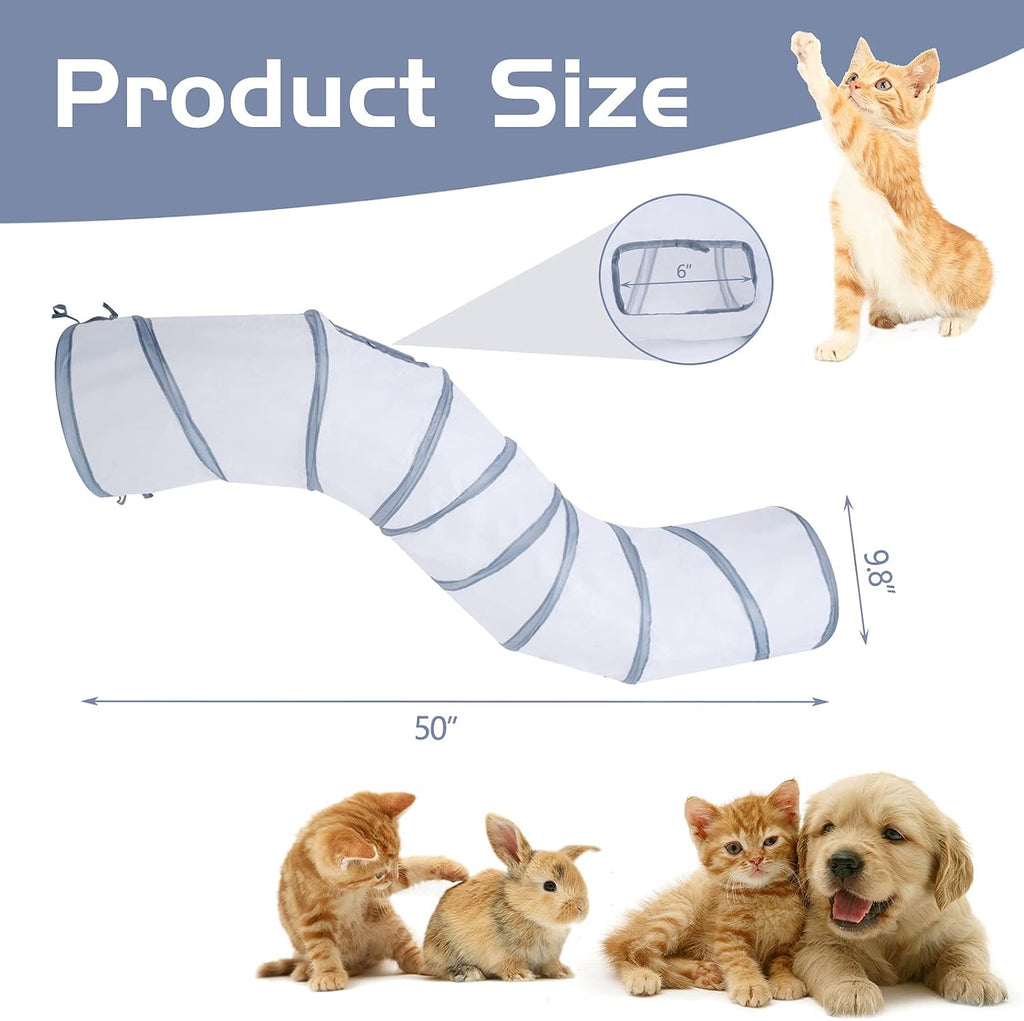 Sheldamy Cat Tunnel, S-2-Way Cat Tunnels for Indoor Cats, Collapsible Cat Play Tunnel, Interactive Toy Maze Cat House with 1 Play Ball for Cats, Puppy, Kitty, Kitten, Rabbit (White & Gray)