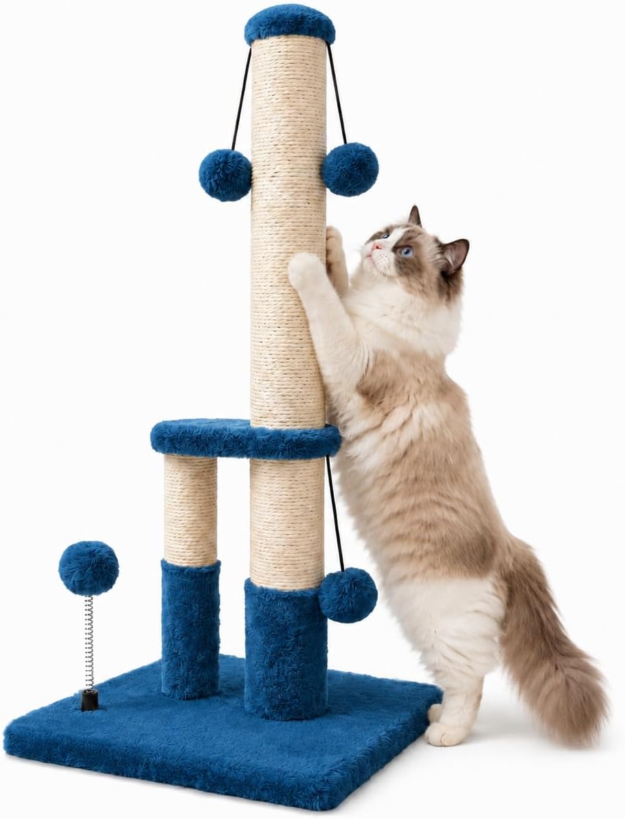 Dimaka Tall Cat Scratching Post, Double Lower Posts Extra Stable Cat Post Tree Scratcher with Sisal Rope and Teasing 4 Balls Total Large Base (Blue)